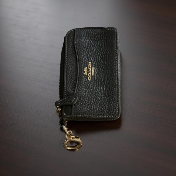 Coach Mini Slim Black Leather ID Wallet Gold Logo Key Ring Holder - Picture 4 of 13